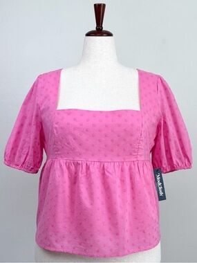Modcloth XL Pink Cotton Clip-Dot Square Neck Babydoll Puff Sleeve Peplum Top NWT